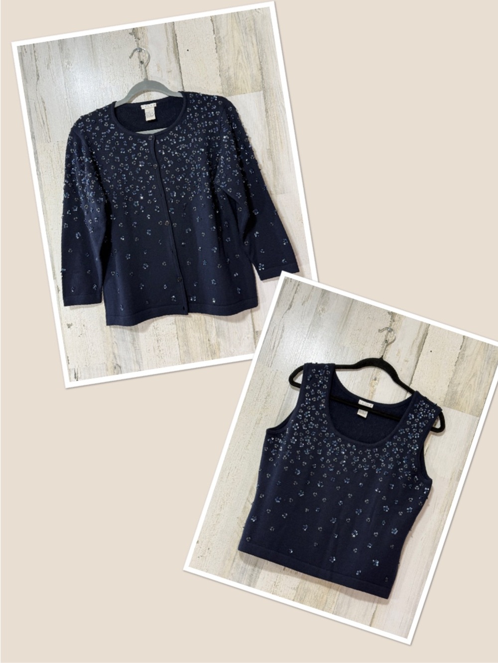 Vintage Sparking Sequins Embellished 2 Piece Set Cardigan Tank Knit Merino Wool